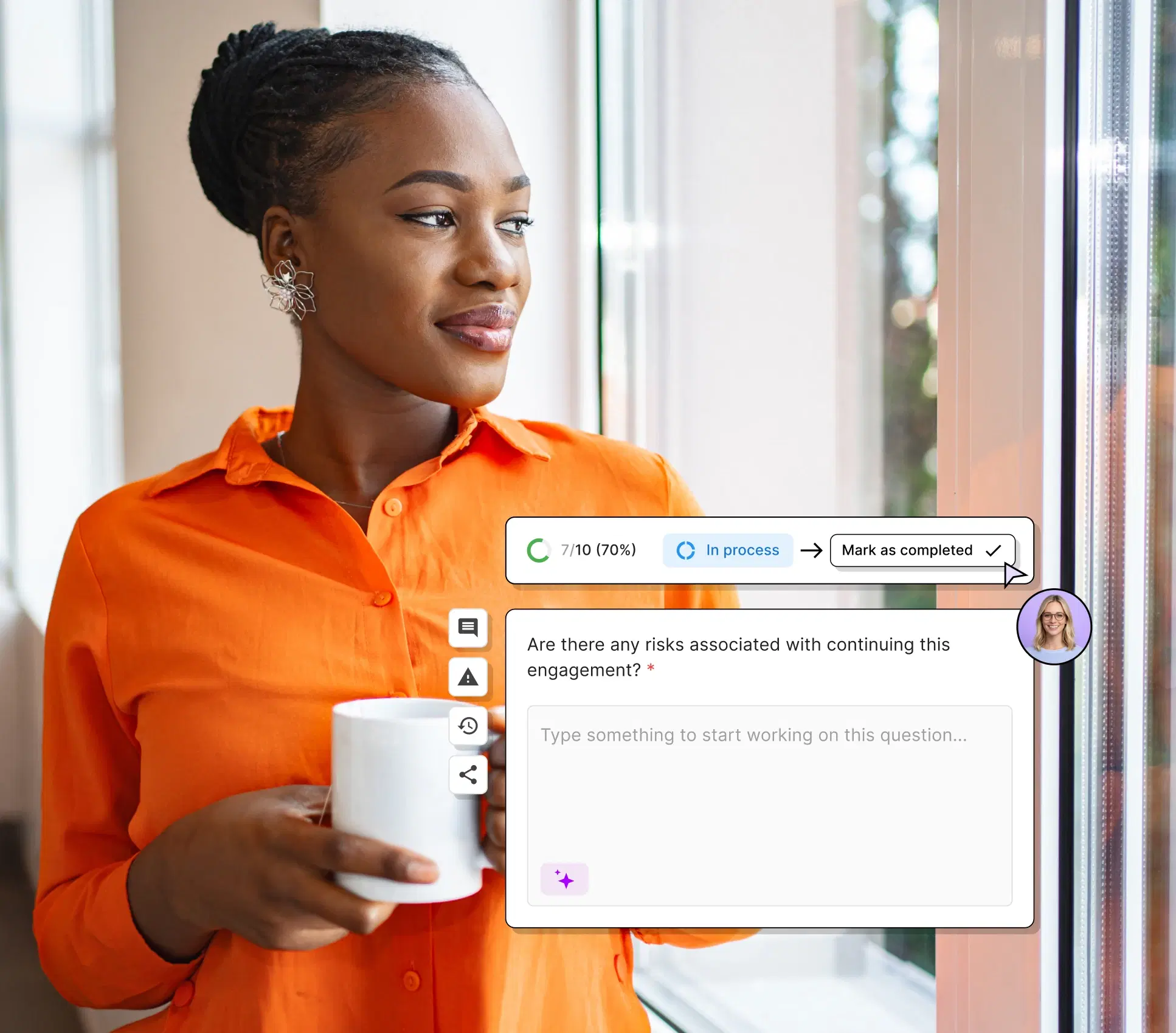 An auditor with a coffee mug next to a Tickmark question card that is in process